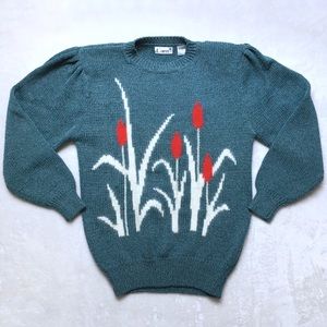 80s Vintage Teal Green Cattail Graphic Sweater